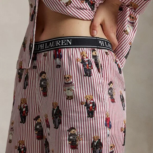 $198 Women's Ralph Lauren Polo Bear Cotton Sateen Red Pajamas 2-pc Gift Bag Set
